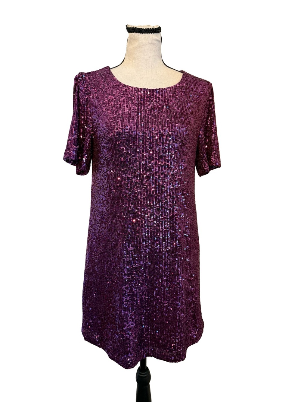Steve Madden Purple Sequin Shift Dress Short Sleeve Party Cocktail Mini Dress M